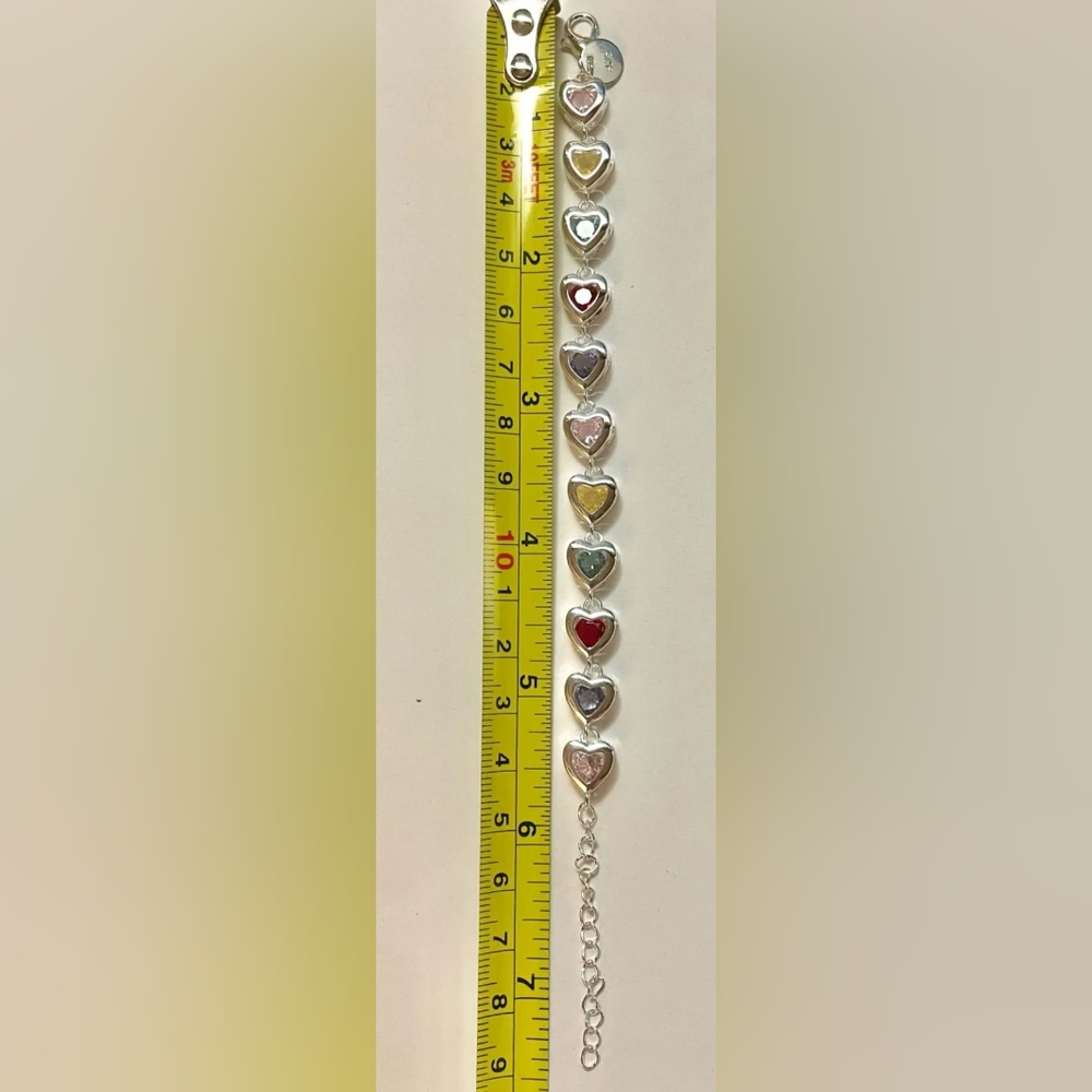 New 925 stamped Silver plated multi colored heart adjustable bracelet
